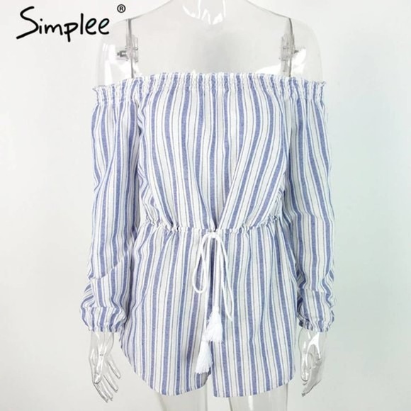 ⤵️🆕 Simplee Sexy off shoulder blue striped jumpsuit - Picture 2 of 10